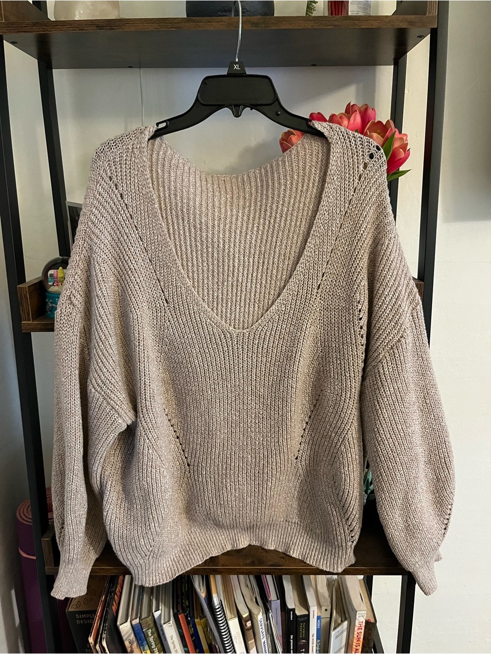 SHEIN Women's V-Neck Lightweight Knit Sweater in Light Taupe